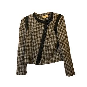 Lost April Asymmetrical Neutral Faux Leather Trim Blazer